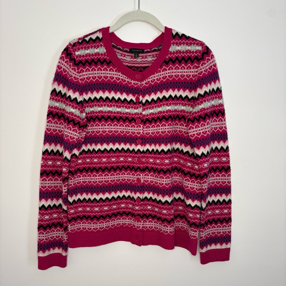Talbots Fair Isle Cardigan Sweater Pink Geometric Women’s S Lambswool